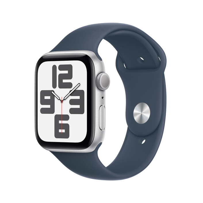 Apple Watch SE GPS, Aluminum silber, 44mm mit Sportarmband, sturmblau - M/L&gt;