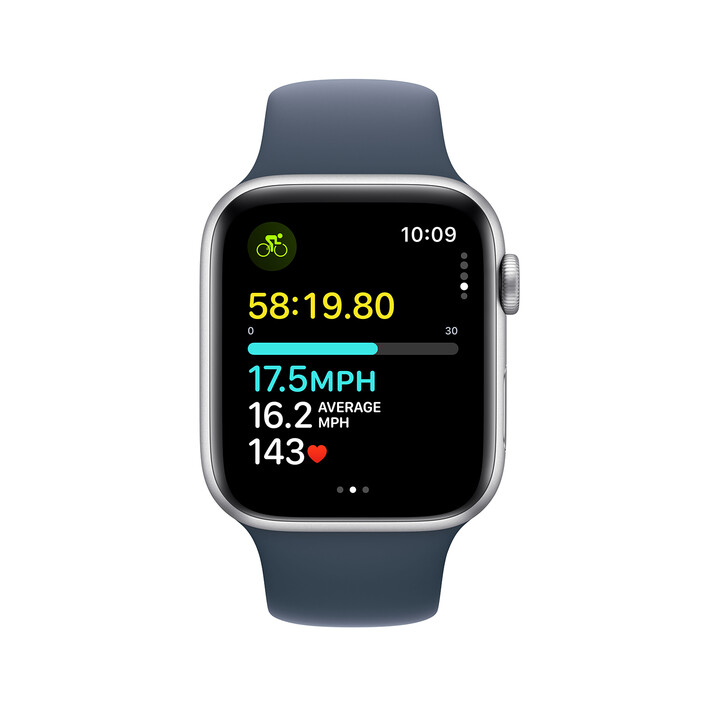 Apple Watch SE GPS, Aluminum silber, 44mm mit Sportarmband, sturmblau - M/L&gt;