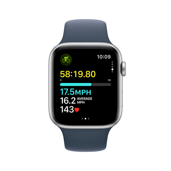 Apple Watch SE GPS, Aluminum silber, 44mm mit Sportarmband, sturmblau - M/L>