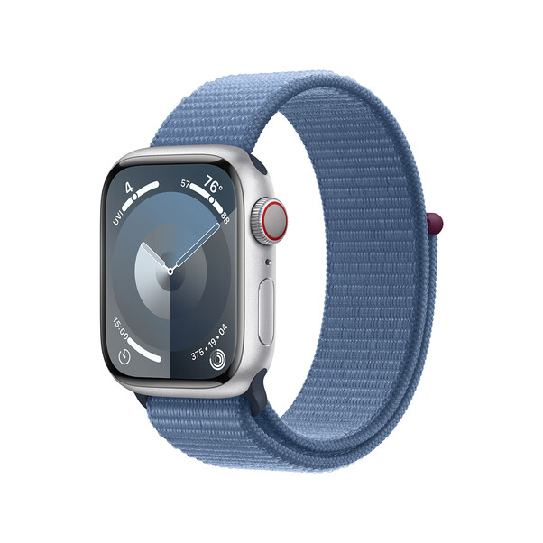 Sie sehen das Produktbild 01 von Apple Watch Series 9 GPS + Cellular, Aluminium silber, 41mm mit Sport Loop, winterblau> Apple Watch Series 9 GPS + Cellular, Aluminium silber, 41mm mit Sport Loop, winterblau>