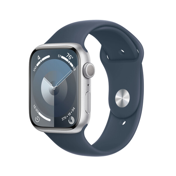 Sie sehen das Produktbild 01 von Apple Watch Series 9 GPS, Aluminium silber, 45mm mit Sportarmband, sturmblau - M/L Apple Watch Series 9 GPS, Aluminium silber, 45mm mit Sportarmband, sturmblau - M/L