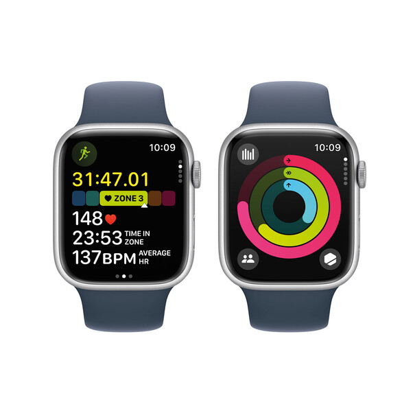 Sie sehen das Produktbild 08 von Apple Watch Series 9 GPS, Aluminium silber, 45mm mit Sportarmband, sturmblau - M/L Apple Watch Series 9 GPS, Aluminium silber, 45mm mit Sportarmband, sturmblau - M/L