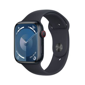 Sie sehen das Produkt Apple Watch Series 9 GPS + Cellular, Aluminium mitternacht, 45mm mit Sportarmband, mitternacht - M/L, Produktbild: 01 Apple Watch Series 9 GPS + Cellular, Aluminium mitternacht, 45mm mit Sportarmband, mitternacht - M/L
