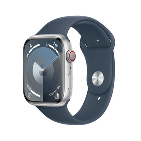 Apple Watch Series 9 GPS + Cellular, Aluminium silber, 45mm mit Sportarmband, sturmblau - S/M&amp;gt;