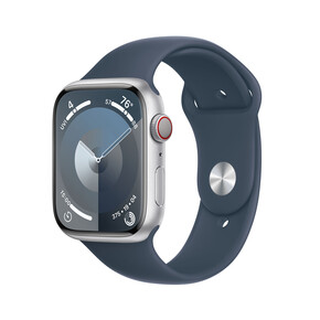 Apple Watch Series 9 GPS + Cellular, Aluminium silber, 45mm mit Sportarmband, sturmblau - S/M&amp;gt;
