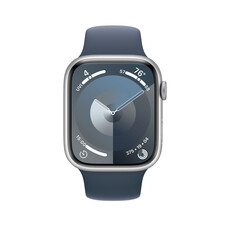 Apple Watch Series 9 GPS + Cellular, Aluminium silber, 45mm mit Sportarmband, sturmblau - S/M&gt;