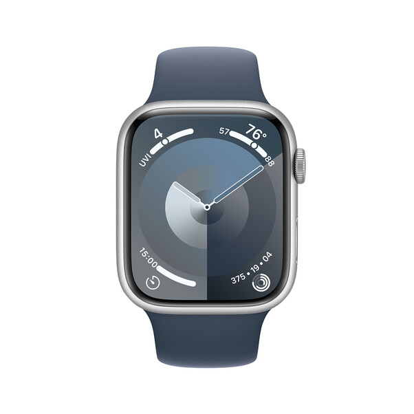 Apple Watch Series 9 GPS + Cellular, Aluminium silber, 45mm mit Sportarmband, sturmblau - S/M>