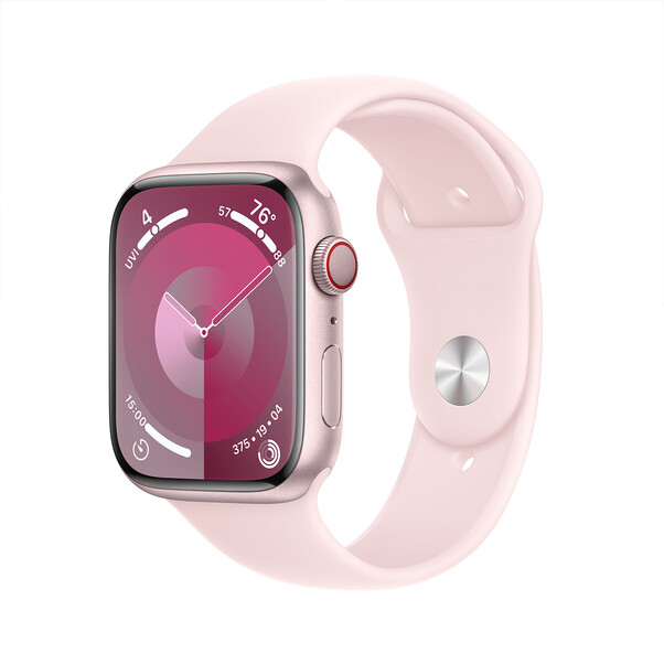 Apple Watch Series 9 GPS + Cellular, Aluminium rosé, 45mm mit Sportarmband, hellrosa - S/M&gt;