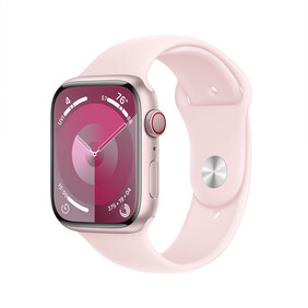 Apple Watch Series 9 GPS + Cellular, Aluminium rosé, 45mm mit Sportarmband, hellrosa - S/M&amp;gt;