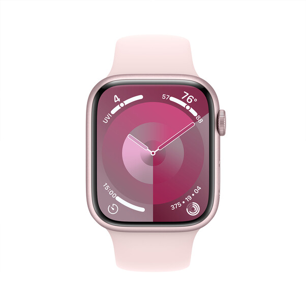 Apple Watch Series 9 GPS + Cellular, Aluminium rosé, 45mm mit Sportarmband, hellrosa - S/M&gt;