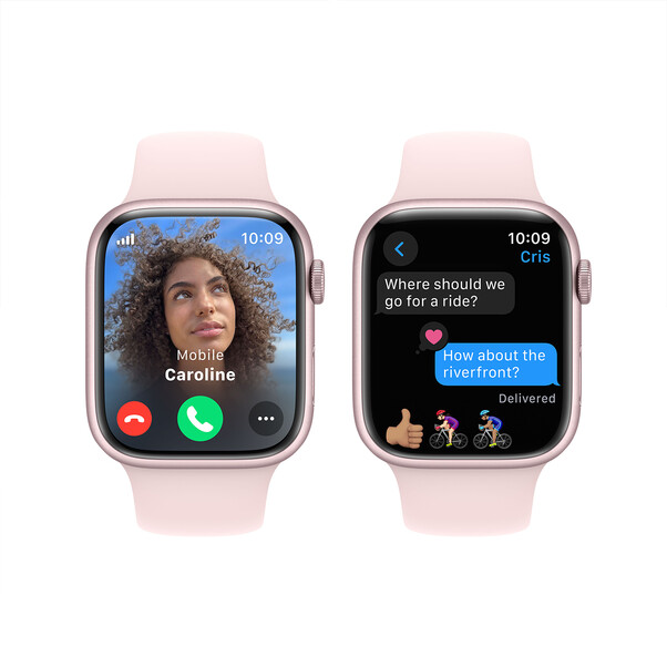 Apple Watch Series 9 GPS + Cellular, Aluminium rosé, 45mm mit Sportarmband, hellrosa - S/M&gt;