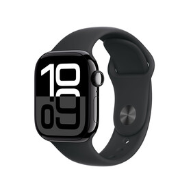 Apple Watch Series 10 GPS + Cellular, Aluminium diamantschwarz, 42mm mit Sportarmband, schwarz - S/M