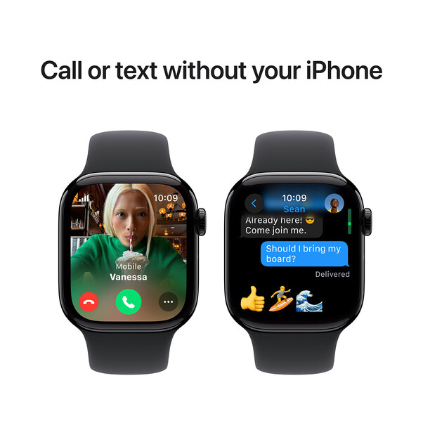 Apple Watch Series 10 GPS + Cellular, Aluminium diamantschwarz, 42mm mit Sportarmband, schwarz - S/M