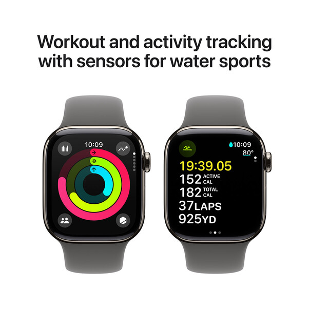 Apple Watch Series 10 GPS + Cellular, Titan natur, 42mm mit Sportarmband, steingrau - S/M>