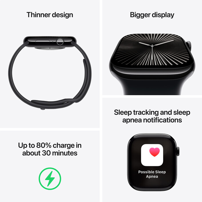 Apple Watch Series 10 GPS, Aluminium diamantschwarz, 42mm mit Sportarmband, schwarz - S/M