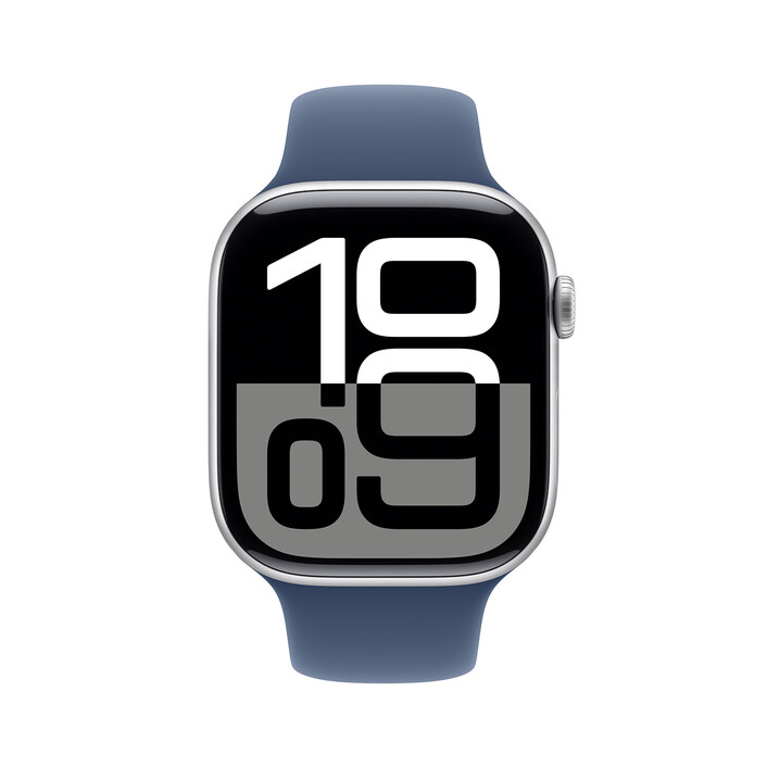 Apple Watch Series 10 GPS, Aluminium silber, 46mm mit Sportarmband, denim - S/M>