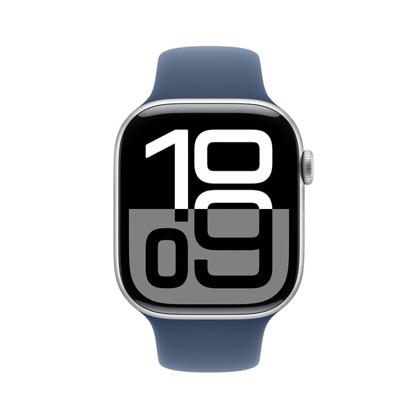 Apple Watch Series 10 GPS, Aluminium silber, 46mm mit Sportarmband, denim - S/M>