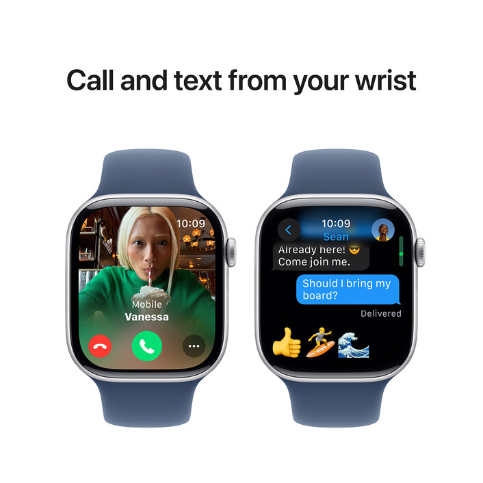 Apple Watch Series 10 GPS, Aluminium silber, 46mm mit Sportarmband, denim - S/M>