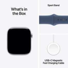 Apple Watch Series 10 GPS, Aluminium silber, 46mm mit Sportarmband, denim - S/M>