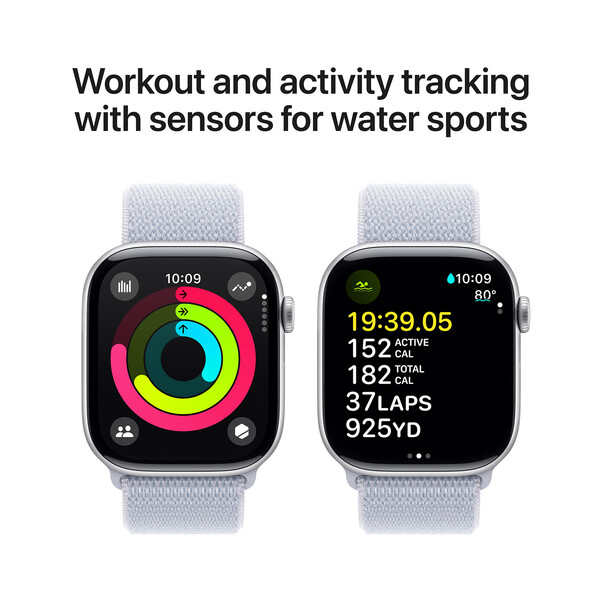 Apple Watch Series 10 GPS, Aluminium silber, 46mm mit Sport Loop, wolkenblau