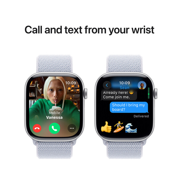 Apple Watch Series 10 GPS, Aluminium silber, 46mm mit Sport Loop, wolkenblau