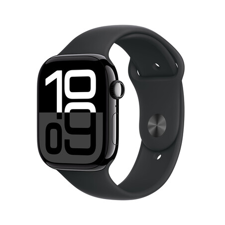 Apple Watch Series 10 GPS, Aluminium diamantschwarz, 46mm mit Sportarmband, schwarz - S/M>