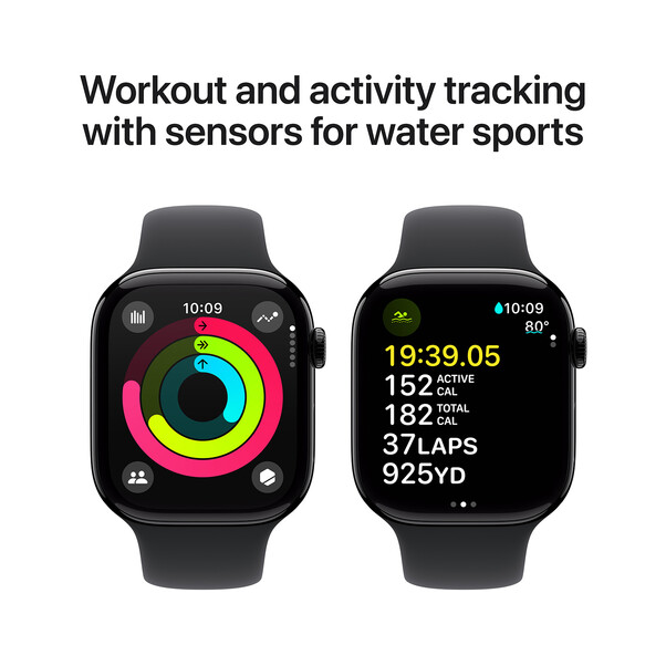 Apple Watch Series 10 GPS, Aluminium diamantschwarz, 46mm mit Sportarmband, schwarz - S/M>