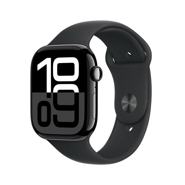 Apple Watch Series 10 GPS, Aluminium diamantschwarz, 46mm mit Sportarmband, schwarz - M/L>