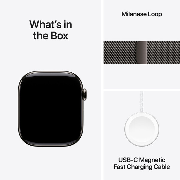 Sie sehen das Produktbild 09 von Apple Watch Series 10 GPS + Cellular, Titan schiefer, 46mm mit Milanaise-Armband, schiefer - S/M> Apple Watch Series 10 GPS + Cellular, Titan schiefer, 46mm mit Milanaise-Armband, schiefer - S/M>