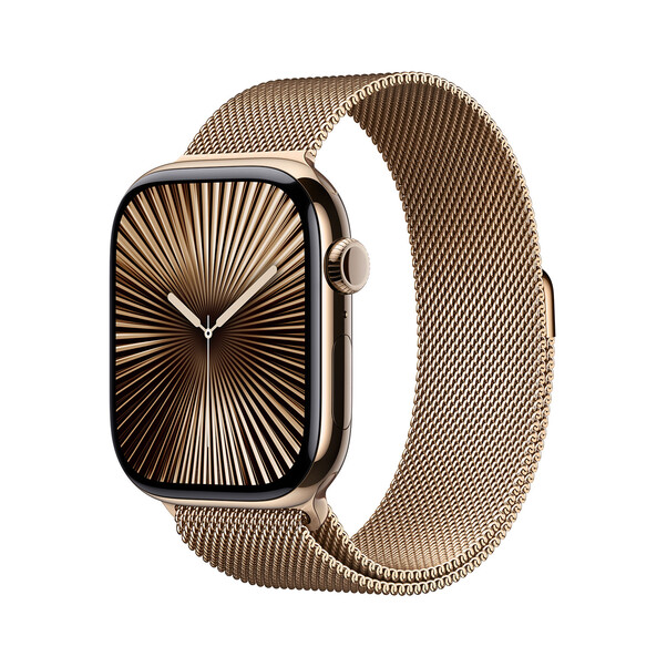Apple Watch Series 10 GPS + Cellular, Titan gold, 46mm mit Milanaise-Armband, gold - S/M>