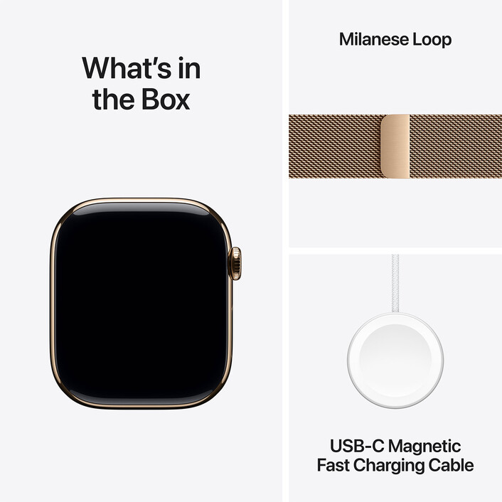 Apple Watch Series 10 GPS + Cellular, Titan gold, 46mm mit Milanaise-Armband, gold - S/M>