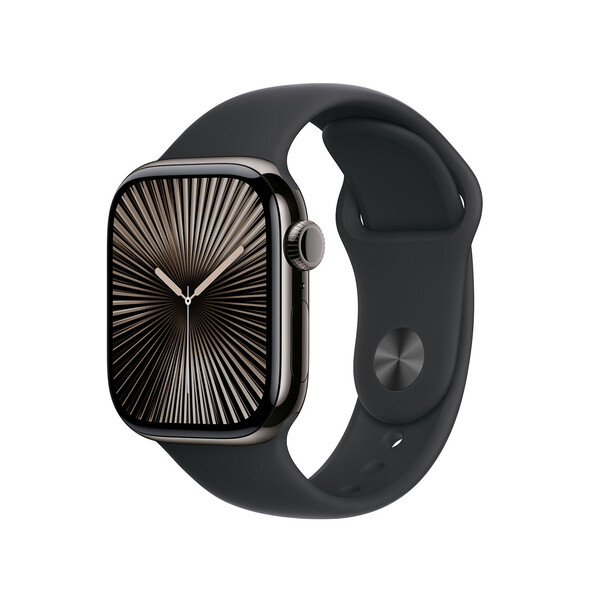 Sie sehen das Produktbild 01 von Apple Watch Series 10 GPS + Cellular, Titan schiefer, 42mm mit Sportarmband, schwarz - S/M> Apple Watch Series 10 GPS + Cellular, Titan schiefer, 42mm mit Sportarmband, schwarz - S/M>