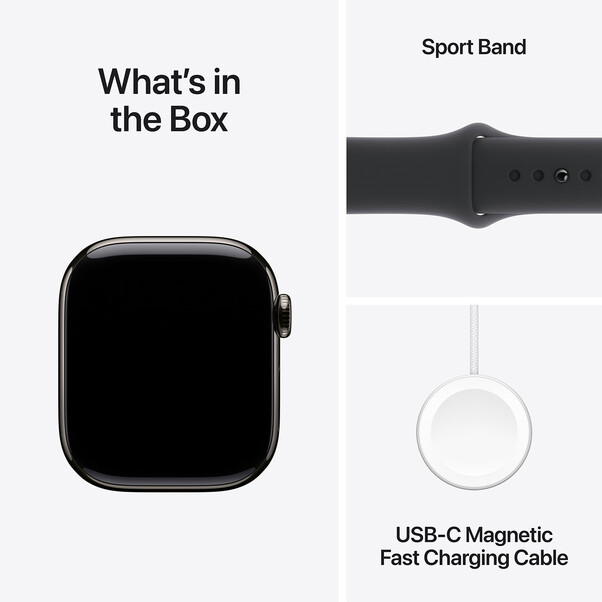 Apple Watch Series 10 GPS + Cellular, Titan schiefer, 42mm mit Sportarmband, schwarz - M/L