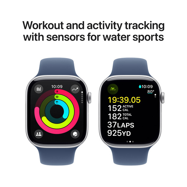 Apple Watch Series 10 GPS + Cellular, Aluminium silber, 46mm mit Sportarmband, denim - M/L