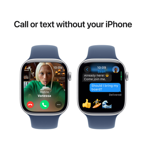 Apple Watch Series 10 GPS + Cellular, Aluminium silber, 46mm mit Sportarmband, denim - M/L