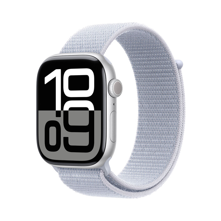 Apple Watch Series 10 GPS + Cellular, Aluminium silber, 46mm mit Sport Loop, wolkenblau&gt;