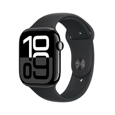 Apple Watch Series 10 GPS + Cellular, Aluminium diamantschwarz, 46mm mit Sportarmband, schwarz - S/M