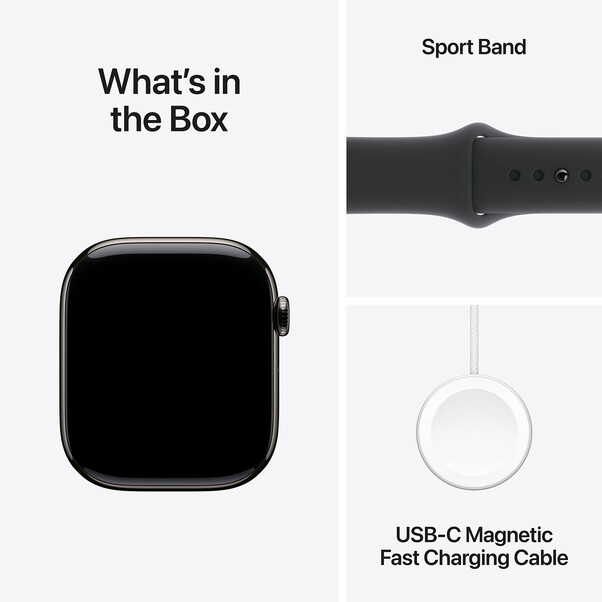 Apple Watch Series 10 GPS + Cellular, Titan schiefer, 46mm mit Sportarmband, schwarz - M/L>