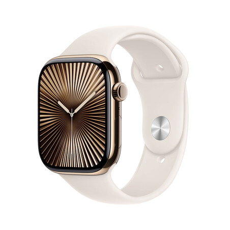Sie sehen das Produktbild 01 von Apple Watch Series 10 GPS + Cellular, Titan gold, 46mm mit Sportarmband, polarstern - M/L> Apple Watch Series 10 GPS + Cellular, Titan gold, 46mm mit Sportarmband, polarstern - M/L>