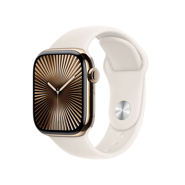 Sie sehen das Produktbild 01 von Apple Watch Series 10 GPS + Cellular, Titan gold, 42mm mit Sportarmband, polarstern - M/L> Apple Watch Series 10 GPS + Cellular, Titan gold, 42mm mit Sportarmband, polarstern - M/L>