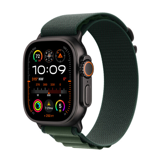 Apple Watch Ultra 2 GPS + Cellular, Titan schwarz, 49mm mit Alpin-Armband, dunkelgrün - large&gt;