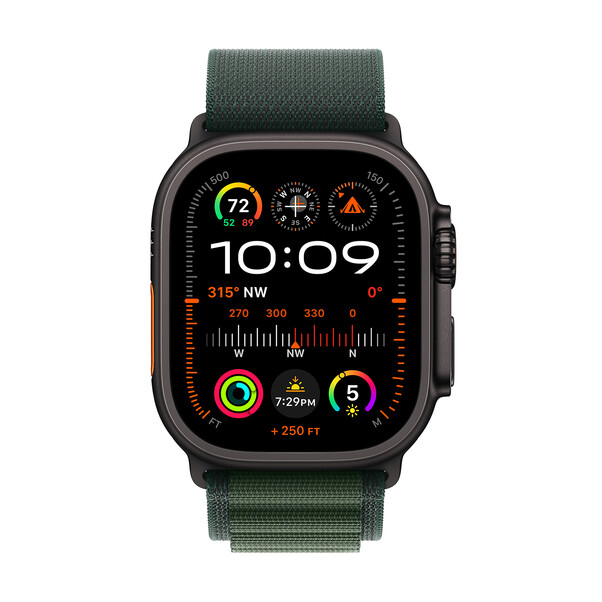 Sie sehen das Produktbild 02 von Apple Watch Ultra 2 GPS + Cellular, 49 mm Titangehäuse Schwarz, Alpine Loop Dunkelgrün − Small Apple Watch Ultra 2 GPS + Cellular, 49 mm Titangehäuse Schwarz, Alpine Loop Dunkelgrün − Small