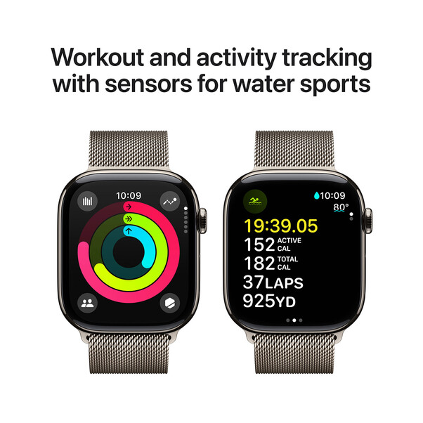 Apple Watch Series 10 GPS + Cellular, Titan natur, 46mm mit Milanaise-Armband, natur - S/M