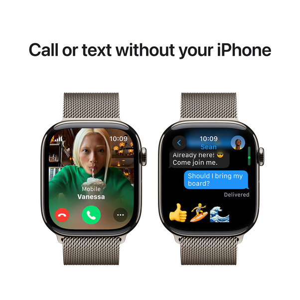 Apple Watch Series 10 GPS + Cellular, Titan natur, 46mm mit Milanaise-Armband, natur - S/M