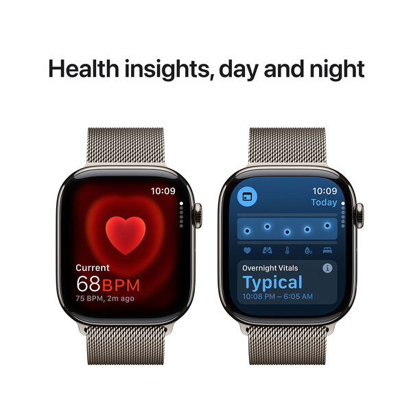 Sie sehen das Produktbild 09 von Apple Watch Series 10 GPS + Cellular, Titan natur, 46mm mit Milanaise-Armband, natur - M/L> Apple Watch Series 10 GPS + Cellular, Titan natur, 46mm mit Milanaise-Armband, natur - M/L>
