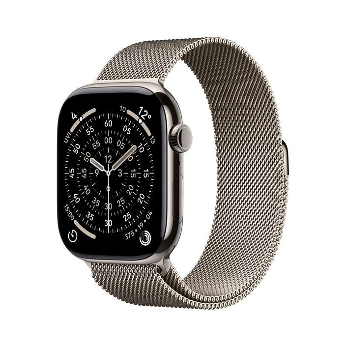 Apple Watch Series 11 GPS + Cellular, 46 mm Titangehäuse Natur, Milanaise Armband Natur - S/M