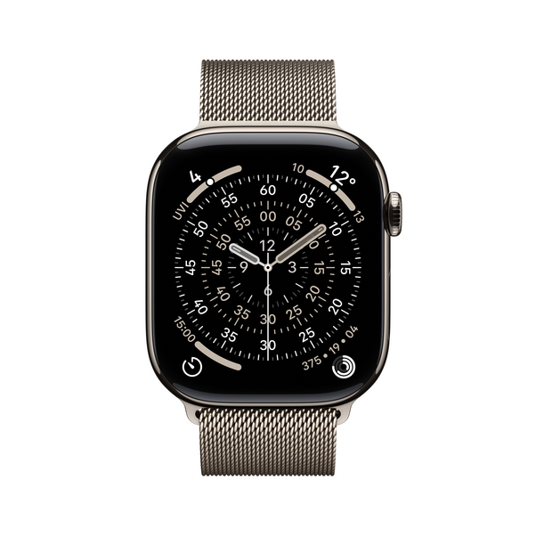 Apple Watch Series 11 GPS + Cellular, 46 mm Titangehäuse Natur, Milanaise Armband Natur - S/M
