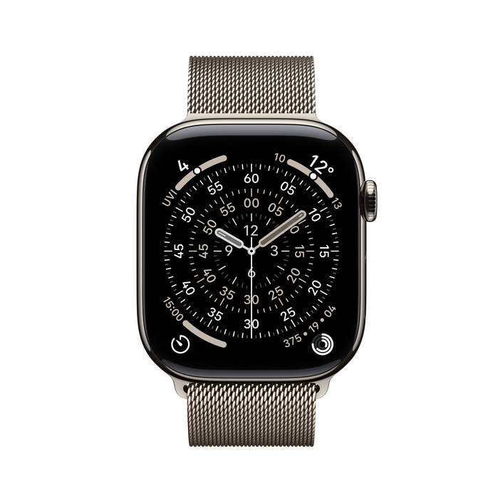 Apple Watch Series 11 GPS + Cellular, 46 mm Titangehäuse Natur, Milanaise Armband Natur - S/M