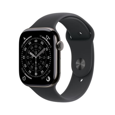 Apple Watch Series 11 GPS + Cellular, 46 mm Titangehäuse Schiefer, Sportarmband Schwarz - S/M