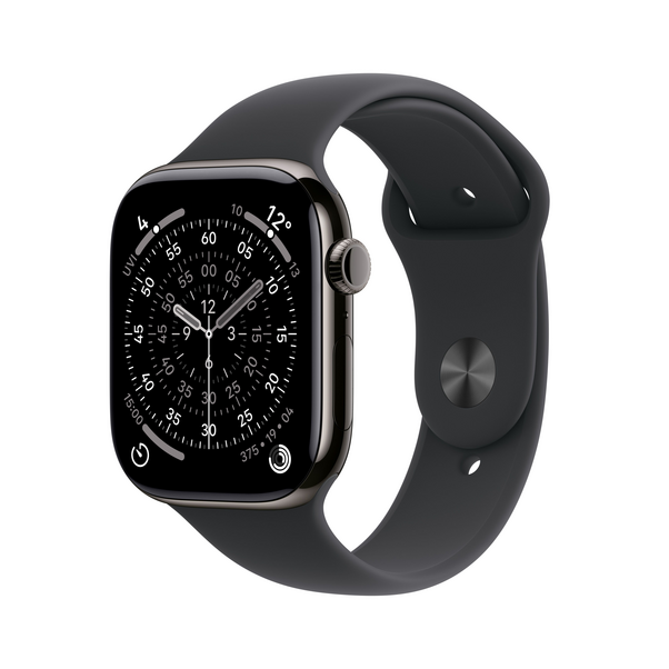 Apple Watch Series 11 GPS + Cellular, 46 mm Titangehäuse Schiefer, Sportarmband Schwarz - S/M